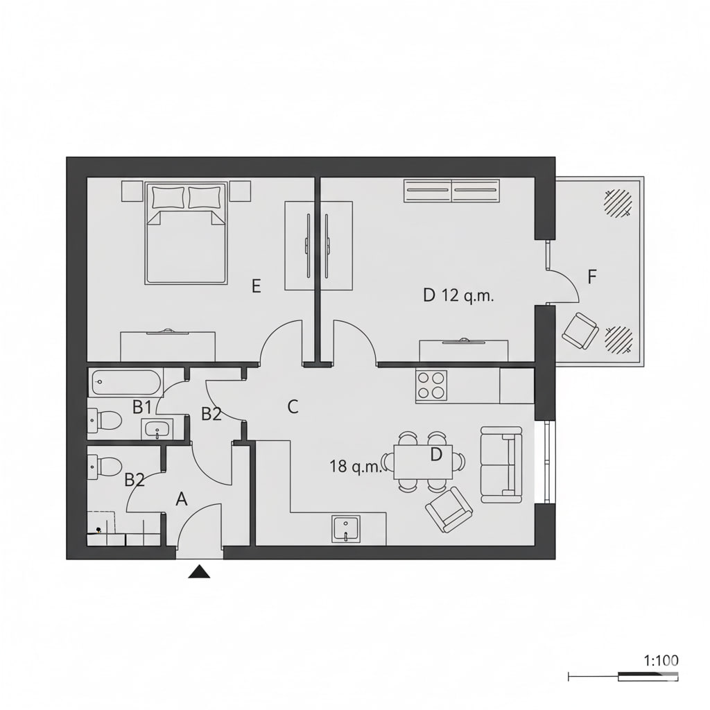 2-комнатная, 54 м²
